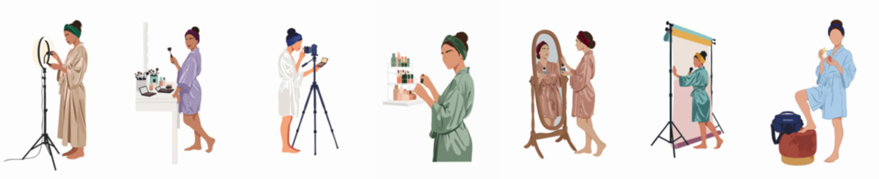 Set of faceless female beauty influencers and content creators in robes filming makeup tutorials and skincare routines for social media platforms.
