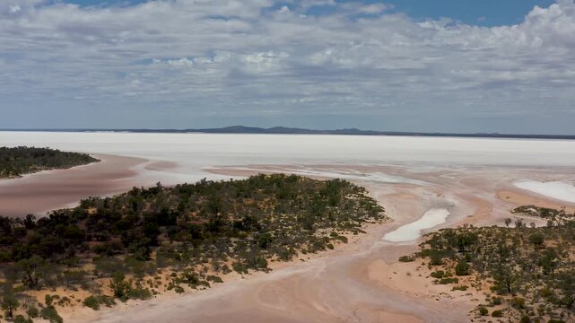 Aerial view of the large saltlake with Hill Range, Lake Deborah, Outback, Video, Western Australia