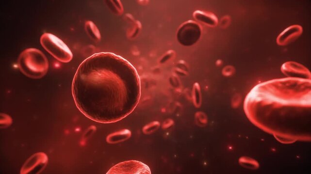 Realistic Animation of Glowing Red Blood Cells Floating in a Dark Atmospheric Microscopic Environment, Cinematic Full HD Scientific Background