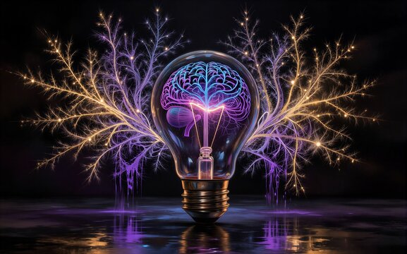 Brain inside glowing bulb surrounded by vibrant neural networks