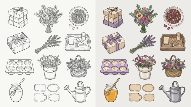 Collection of hand-drawn illustrations of floral arrangements, gifts, and gardening tools, presented in both sketch and color versions.