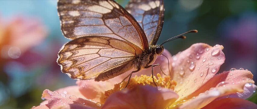 Delicate butterfly on dewy flower petal with nectar in spring garden nature sunlight macro wing pattern glowing while soft focus bokeh background creates peaceful natural scene