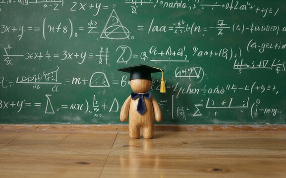 Wooden bear in graduation cap stands before chalkboard filled with