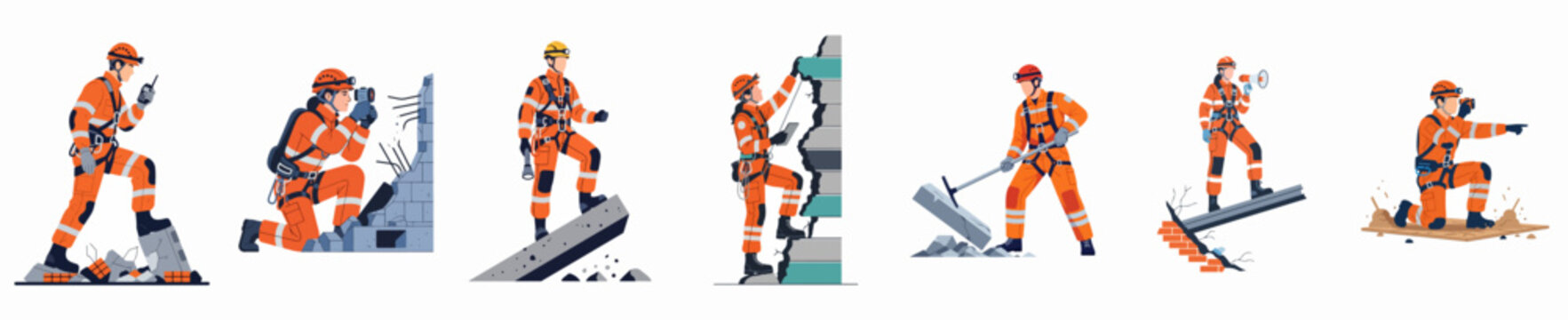 Set of rescuers in orange uniforms performing emergency search and rescue operations on disaster ruins, including climbing, using radios, and heavy lifting.