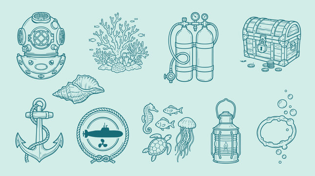 Collection of vintage and modern underwater exploration and marine life icons.