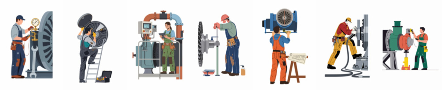 Collection of industrial workers and engineers performing maintenance, inspections, and repairs on large-scale machinery in various factory settings.