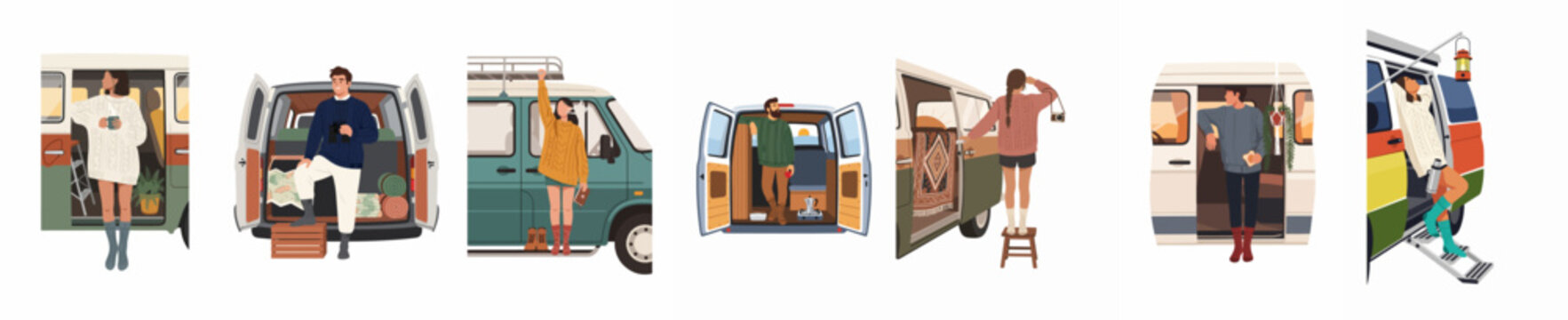 Collection of various camper van life scenes with people traveling and living outdoors in their converted vans.
