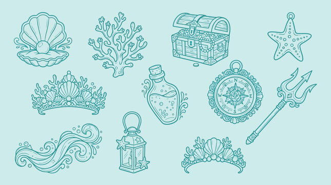 Collection of whimsical underwater treasures and mythical elements with a teal and blue color palette.