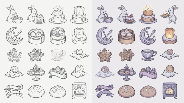 Collection of cute hand-drawn food and dessert icons with rabbits and moon elements.