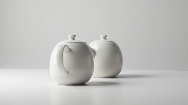 White teapot with handle and lid on white surface against neutral background side view
