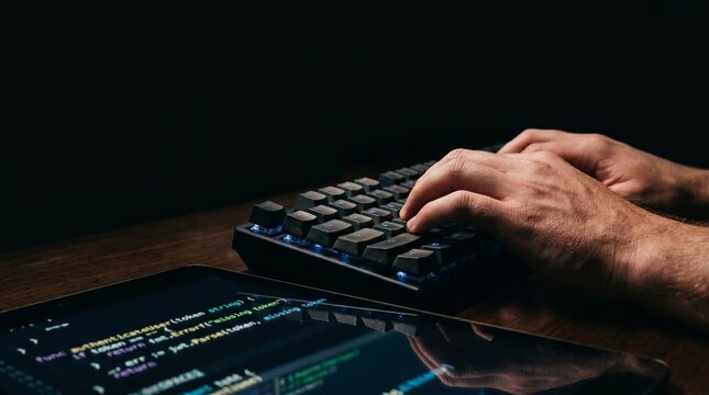Hands typing on a backlit keyboard with code displayed on a tablet screen in the foreground