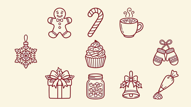 Collection of festive Christmas icons including a gingerbread man, candy cane, hot chocolate, snowflake ornament, cupcake, mittens, gift box, jar of candies, bell, and piping bag.