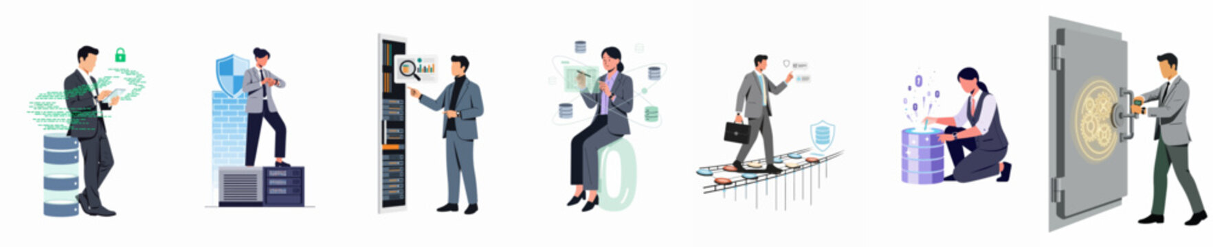 Set of business professional characters managing data security, server administration, network protection, and big data analysis in a modern enterprise environment.