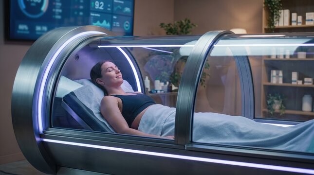 Woman relaxing inside a modern hyperbaric oxygen therapy chamber in a wellness clinic