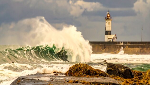A large wave crashes against a lighthouse in the ocean. 