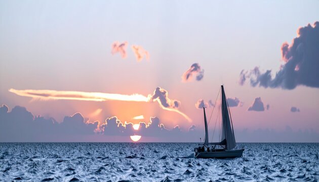 a sailboat in the ocean at sunset, with the sun setting in the background and clouds 