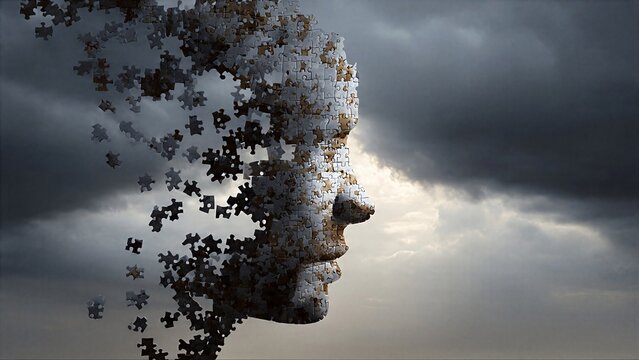 Human face dissolving into puzzle pieces symbolizing dementia and memory loss
