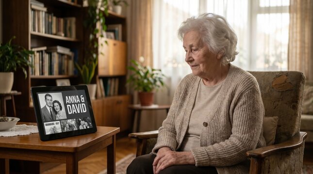 Elderly woman sitting in a living room looking at family photos on a smart digital display