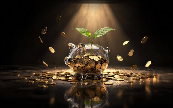 Golden coins shower over a piggy bank with a sprouting plant