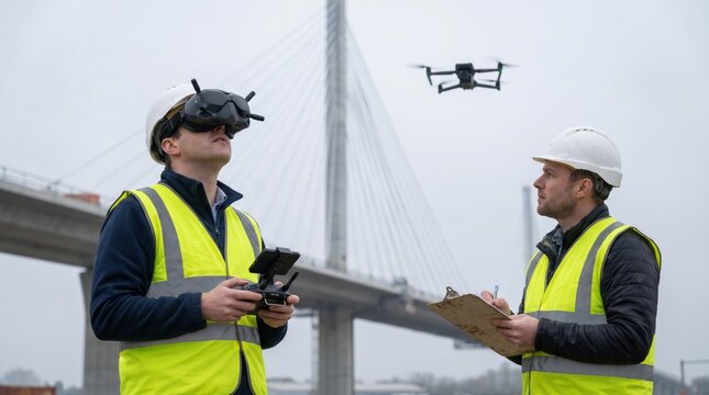 Two construction engineers using an fpv drone to inspect a large bridge infrastructure