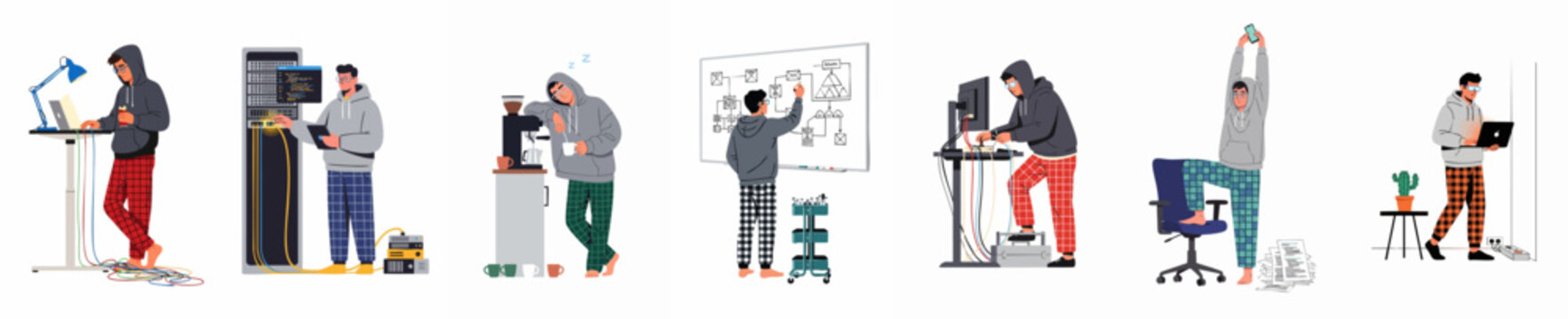Flat Vector Illustrations Showing the Different Aspects of a Software Developer's Remote Work Routine and Daily Life Activities