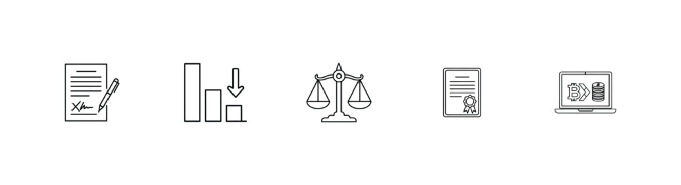 Financial and legal thin line document icons showing contract signing bar chart decline justice scales certificate diploma and bitcoin exchange rate on laptop screen for professional business.
