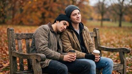 Fototapeta premium Loving gay couple sitting on a park bench in autumn resting head on shoulder with coffee