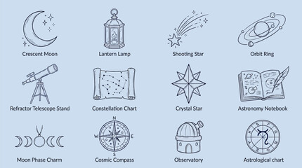 Collection of astronomy and space-related icons including a crescent moon, telescope, constellation chart, and celestial objects. © KN collection