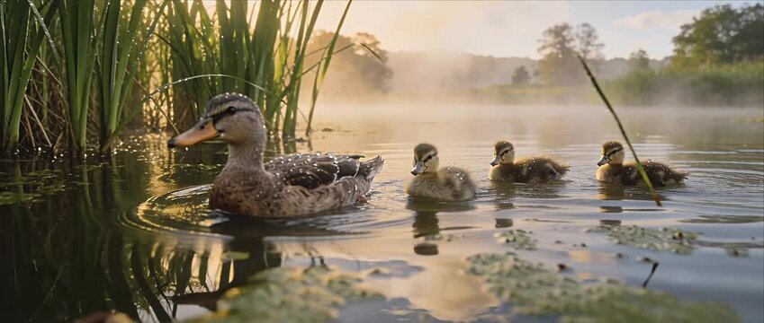 Duck duckling family on calm lake water at sunrise, mist and fog with glowing morning light, peaceful wildlife nature reflection scene with ripples, reeds, grass and golden summer outdoor environment