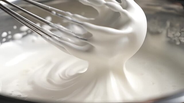Closeup of a whisk whipping cream into stiff peaks in a metal bowl.
