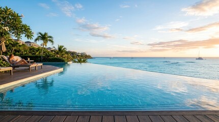 Obraz premium A serene, tranquil infinity pool with a view of the ocean at sunset, featuring a person lounging on a deck chair.