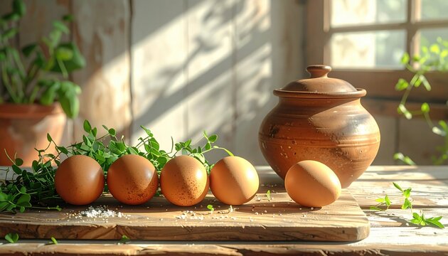 Rustic still life with eggs, herbs, and pottery on a wooden table