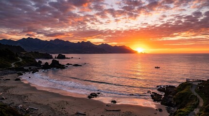 Obraz premium A serene beach scene with a vibrant sunset, featuring a rocky shoreline, calm ocean, and distant mountains.