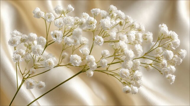 Delicate sprig of white Gypsophila flowers with tiny blossoms against a soft, textured background