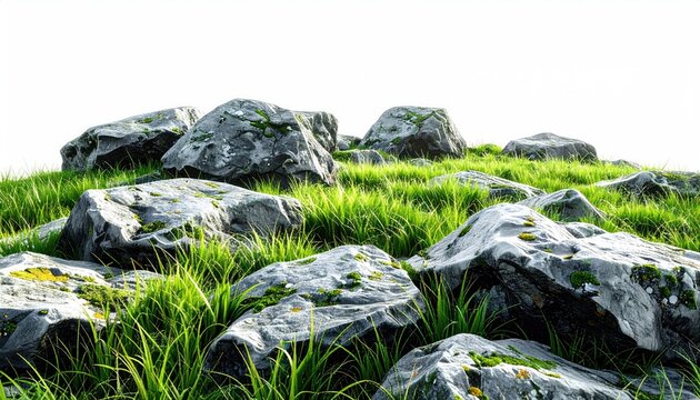Jagged grey rocks, speckled with moss, emerge from lush green grass
