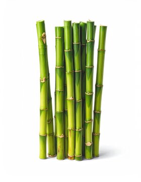 Several tall, vibrant green bamboo stalks stand together, showcasing their segmented structure