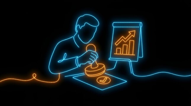 Business approval neon icon with stamp and growth chart