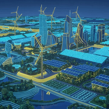 Sustainable cityscape with renewable energy sources.