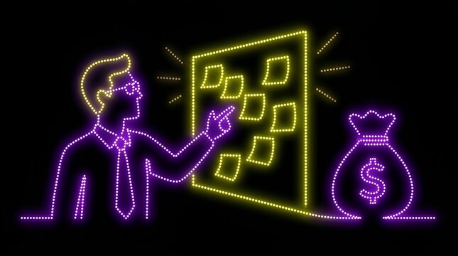 Man planning project with sticky notes near money bag
