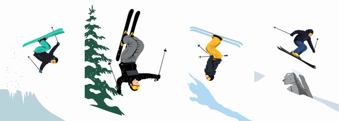 Action illustration set of professional skiers performing freestyle jumps, flips, and tricks in a snowy mountain winter landscape environment. © Sipul