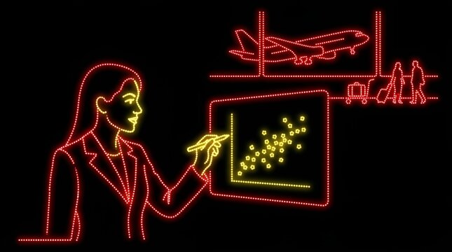 Analyst drawing scatter plot chart with aviation background