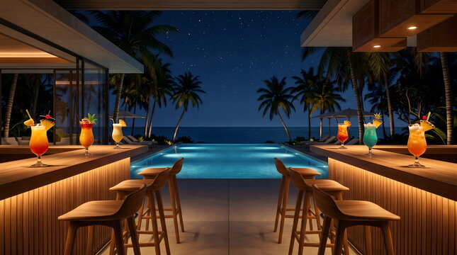 Luxury tropical resort pool bar at night with warm ambient lighting and cocktails on wooden counter overlooking swimming pool.