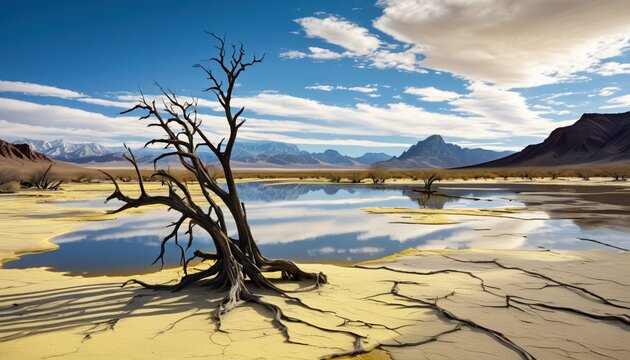 This stunning photograph captures a gnarled dead tree standing beside a reflective desert pool beneath a bright blue cloudy sky
