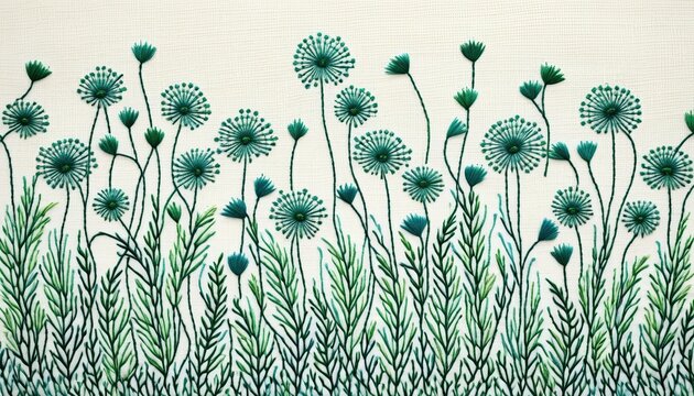 Detailed close up photograph of beautiful green thread embroidery depicting a field of wildflowers stitched on a textured white fabric