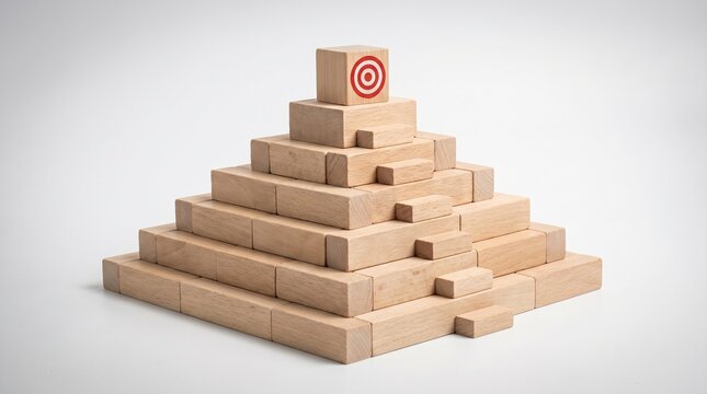 Wooden block pyramid displays a target cube at the top with missing steps on a clean studio background.