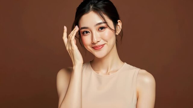 Natural Beauty: A young Asian woman with a gentle smile and perfect skin touches her hair, looking alluringly at the camera.