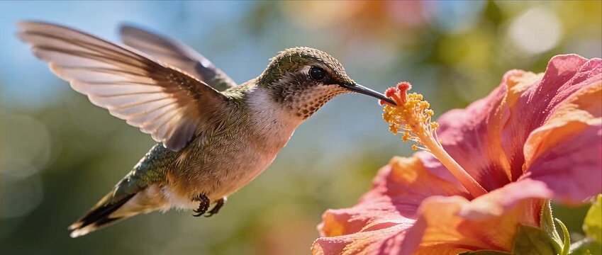 Hummingbird bird wildlife nature flower nectar pollination tropical garden summer hover scene with soft bokeh light colorful hummingbird near flower collecting nectar bright garden sunlight delicate