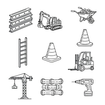 A set of ten hand-drawn vector icons representing various construction equipment and materials like a crane, excavator, drill, and traffic cones.