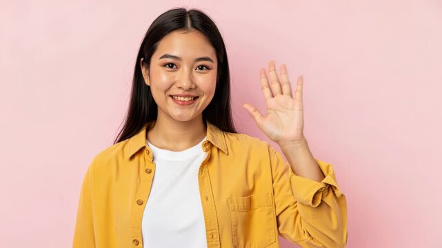 Friendly Greeting: A young Asian woman with a warm smile raises her hand in a welcoming gesture, her eyes sparkling with friendly energy against a soft pink backdrop.