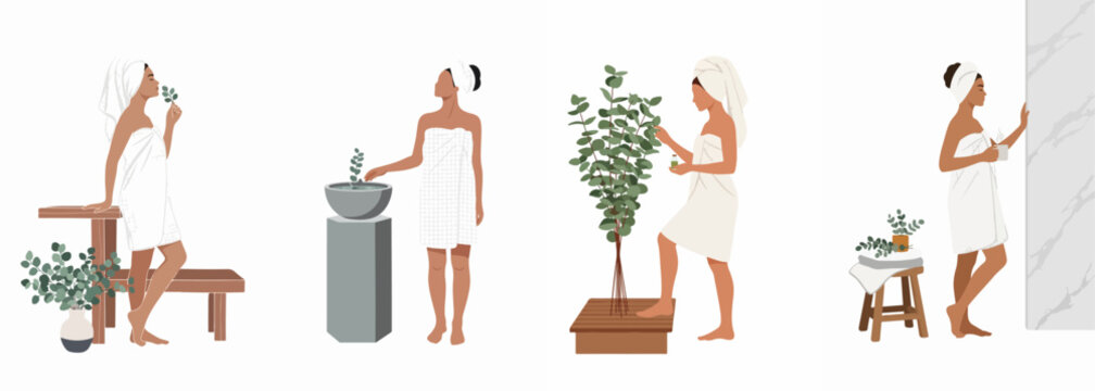 Set of minimalist flat illustrations featuring women in towels engaging in various spa, wellness, and self-care rituals with eucalyptus elements.